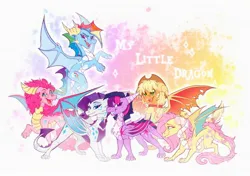 Size: 2048x1444 | Tagged: safe, artist:koffeemilk, derpibooru import, applejack, fluttershy, pinkie pie, rainbow dash, rarity, twilight sparkle, dragon, choker, dragoness, dragonified, dragonjack, fangs, female, flutterdragon, grin, horns, image, jpeg, lidded eyes, looking at you, mane six, my little x, open mouth, open smile, pinkiedragon, rainbow dragon, raridragon, simple background, smiling, smiling at you, species swap, spread wings, spyro the dragon (series), twilidragon, white background, wings