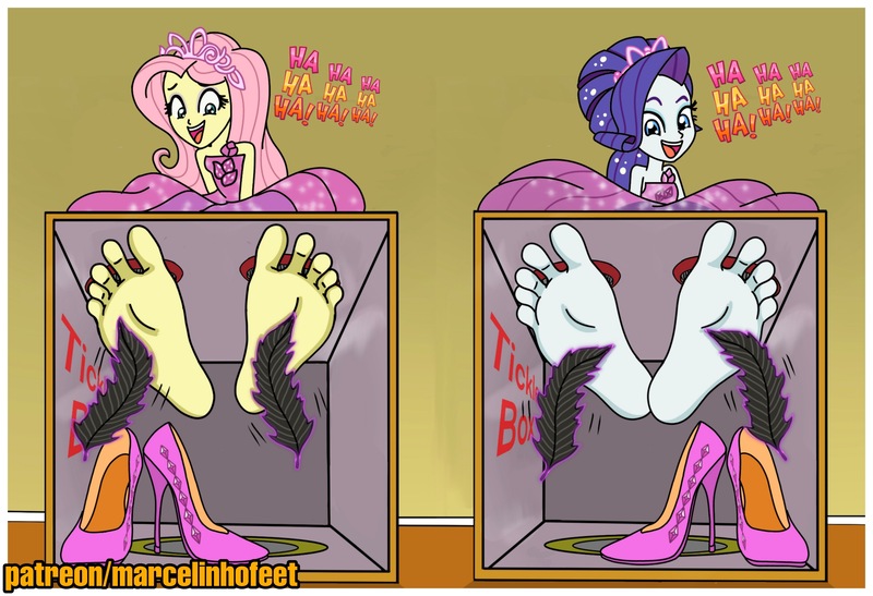 Size: 4188x2864 | Tagged: suggestive, artist:marcelinhofeet, derpibooru import, fluttershy, rarity, human, equestria girls, barefoot, bondage, box, clothes, crying, dress, feather, feet, female, females only, fetish, foot fetish, foot focus, g4, high heels, image, jpeg, laughing, open mouth, shoes, shoes off, shoes removed, soles, speech bubble, tears of laughter, tickle box, tickle fetish, tickle torture, tickling, toes