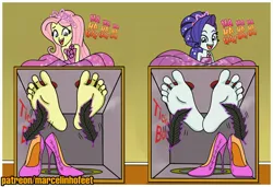 Size: 4188x2864 | Tagged: suggestive, artist:marcelinhofeet, derpibooru import, fluttershy, rarity, human, equestria girls, barefoot, bondage, box, clothes, crying, dress, feather, feet, female, females only, fetish, foot fetish, foot focus, g4, high heels, image, jpeg, laughing, open mouth, shoes, shoes off, shoes removed, soles, speech bubble, tears of laughter, tickle box, tickle fetish, tickle torture, tickling, toes