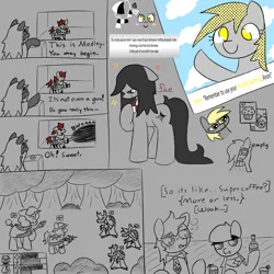 Size: 1020x1020 | Tagged: safe, artist:castafae, derpibooru import, derpy hooves, oc, oc:ardent glyph, oc:checkers, oc:faint rune, oc:mossy knoll, earth pony, pegasus, pony, unicorn, blushing, dialogue, drunk, drunk bubbles, female, gray background, image, laser gun, lidded eyes, mare, numget, png, rpg, simple background, sketch, sketch dump, text