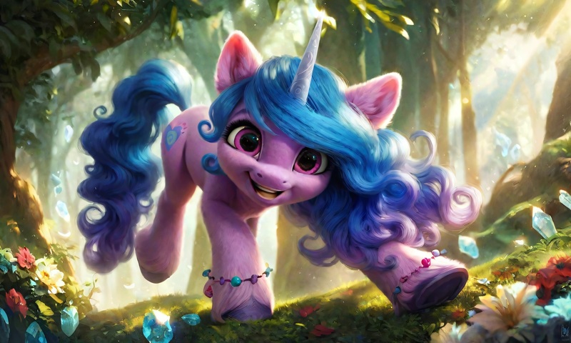 Size: 5120x3072 | Tagged: safe, ai content, derpibooru import, machine learning generated, prompter:kluknawa235, stable diffusion, izzy moonbow, unicorn, g5, crystal, ear fluff, flower, forest, garden, generator:pony diffusion v6 xl, generator:purplesmart.ai, image, jpeg, light rays, nature, smiling, tree