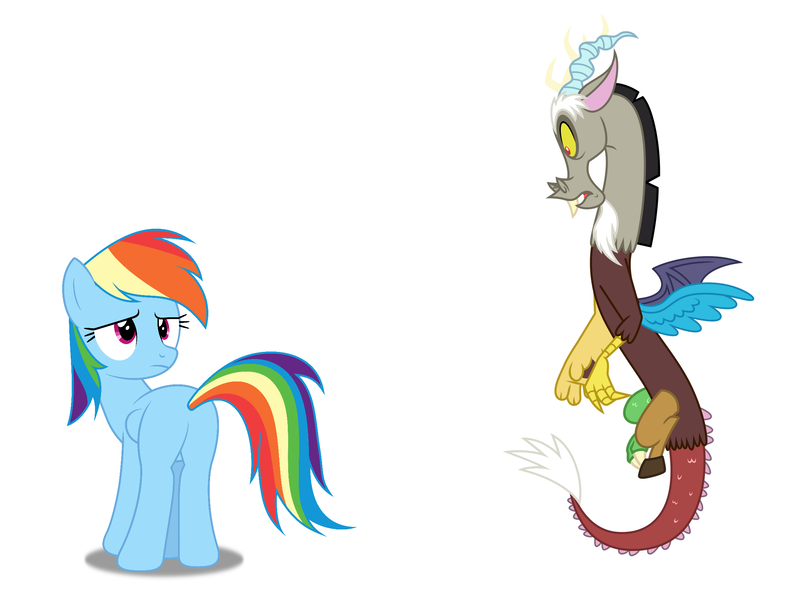 Size: 2240x1700 | Tagged: safe, derpibooru import, discord, rainbow dash, draconequus, pegasus, pony, butt, g4, image, looking at butt, plot, png, rainbutt dash, simple background, vector, white background