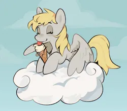 Size: 1415x1239 | Tagged: safe, artist:cupidcry, derpibooru import, derpy hooves, pegasus, pony, cloud, eyes closed, female, food, ice cream, ice cream cone, image, jpeg, licking, mare, on a cloud, sky background, smiling, solo, tongue out, wings, wings down