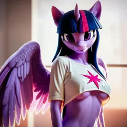 Size: 2048x2048 | Tagged: suggestive, ai content, derpibooru import, machine learning generated, prompter:krivovyaz, stable diffusion, twilight sparkle, twilight sparkle (alicorn), alicorn, anthro, 3d, breasts, clothes, generator:pony diffusion v6 xl, generator:purplesmart.ai, image, looking at you, png, shirt, solo, spread wings, t-shirt, window, wings