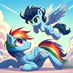 Size: 1024x1024 | Tagged: safe, ai content, derpibooru import, machine learning generated, prompter:*rainbow dash*, rainbow dash, soarin', cloud, cloudy, female, flying, folded wings, g4, generator:bing image creator, generator:dall-e 3, glide, image, jpeg, male, rainbow blitz, rule 63, shipping, sky, soarindash, spread wings, straight, wings