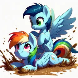 Size: 1024x1024 | Tagged: safe, ai content, derpibooru import, machine learning generated, prompter:*rainbow dash*, rainbow dash, soarin', female, folded wings, g4, generator:bing image creator, generator:dall-e 3, image, male, mud, playing, png, shipping, simple background, smiling, soarindash, spread wings, straight, white background, wings