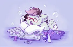 Size: 4096x2643 | Tagged: safe, artist:amishy, derpibooru import, oc, unofficial characters only, alicorn, pegasus, pony, bag, book, commission, eraser, eyes closed, female, glasses, image, jpeg, mare, open mouth, pencil, ruler, school bag, sleeping, solo, teary eyes, ych result