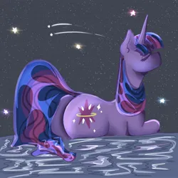 Size: 2048x2048 | Tagged: safe, artist:selkie_bug, derpibooru import, twilight sparkle, pony, unicorn, butt, dock, eyes closed, female, g4, image, jpeg, mare, partially submerged, plot, shooting star, solo, stars, tail, twibutt, unicorn twilight, wet, wet mane, wet tail