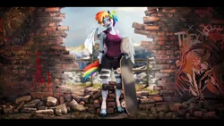 Size: 9600x5400 | Tagged: safe, artist:imafutureguitarhero, derpibooru import, rainbow dash, anthro, pegasus, pony, unguligrade anthro, 3d, absurd file size, absurd resolution, alternate hairstyle, arm fluff, bandage, bandaid, bandaid on nose, bandana, belt, black bars, brick wall, bricks, cheek fluff, chest fluff, chromatic aberration, clothes, colored eyebrows, colored eyelashes, colored wings, ear fluff, elbow pads, faic, female, fence, film grain, fingerless gloves, fishnet clothing, floppy ears, fluffy, fur, g4, gloves, graffiti, grass, hoof fluff, image, jpeg, knee pads, leg band, leg fluff, leg wraps, letterboxing, looking at you, mare, mountain, multicolored hair, multicolored mane, multicolored tail, neck fluff, one ear down, outdoors, paintover, pants, partially open wings, ponytail, shoulder fluff, signature, skateboard, sky, smiling, smiling at you, smug, smugdash, solo, source filmmaker, tail, tanktop, two toned wings, unshorn fetlocks, wall of tags, windswept tail, wings