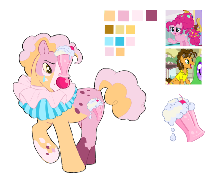 Size: 7000x6000 | Tagged: safe, artist:sheepchops, derpibooru import, cheese sandwich, pinkie pie, oc, oc:ruffled milk pie, earth pony, pony, absurd resolution, cheesepie, clown, clown nose, color palette, drink, female, image, male, mare, milkshake, offspring, parent:cheese sandwich, parent:pinkie pie, parents:cheesepie, png, red nose, reference sheet, ruff (clothing), screencap reference, shipping, simple background, stallion, straight, transparent background
