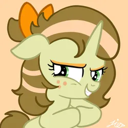 Size: 2048x2048 | Tagged: safe, artist:duckyia, derpibooru import, oc, pony, unicorn, bow, brown mane, female, freckles, green eyes, hair bow, image, looking at you, mare, pigtails, plotting, png, rubbing hooves, smiling, smiling at you, smirk, solo