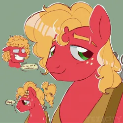 Size: 3300x3300 | Tagged: safe, artist:texacity, derpibooru import, big macintosh, earth pony, pony, alternate hairstyle, bust, buttercup, dialogue, eeyup, facial scar, flower, flower in hair, frizzy hair, green background, grin, image, jpeg, looking at you, male, nervous, nervous grin, ponytail, scar, simple background, smiling, smiling at you, solo, stallion, sweat