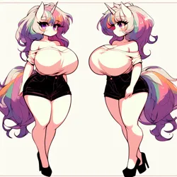Size: 1024x1024 | Tagged: safe, ai content, derpibooru import, machine learning generated, part of a set, oc, unofficial characters only, anthro, unicorn, adorasexy, bare shoulders, big breasts, breasts, busty oc, clothes, curvy, cute, female, high heels, horn, hourglass figure, huge breasts, human to anthro, image, implied transformation, implied transgender transformation, off shoulder, part of a series, png, prompter:horselover fat, sexy, shoes, shorts, shoulderless, simple background, solo, turnaround, unicorn oc, white background, white shirt, wide hips