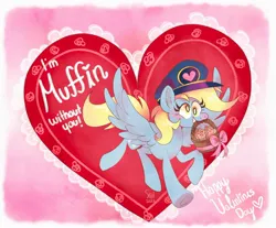 Size: 2048x1699 | Tagged: safe, artist:squididdlee, derpibooru import, derpy hooves, pegasus, pony, basket, blushing, cute, derpabetes, female, food, g4, holding, holiday, hooves in air, image, jpeg, mailmare, mare, mouth hold, muffin, pun, smiling, solo, spread wings, valentine, valentine's day, wings
