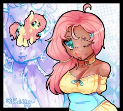 Size: 2632x2384 | Tagged: safe, artist:ifeelditzy, derpibooru import, fluttershy, human, pegasus, pony, arm behind back, bow, breasts, busty fluttershy, choker, cleavage, eyebrow piercing, female, freckles, humanized, image, jpeg, lip piercing, mare, moderate dark skin, one eye closed, piercing, signature, snake bites, solo, tail, tail bow