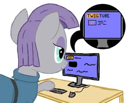 Size: 1500x1232 | Tagged: safe, artist:scootaloormayfly, derpibooru import, maud pie, earth pony, pony, clothes, computer, dress, g4, image, png, pornhub, simple background, smiling, solo, twig, white background