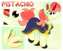 Size: 2500x2000 | Tagged: safe, artist:euspuche, derpibooru import, oc, oc:pistachio, unofficial characters only, unicorn, cape, clothes, image, male, png, raba-pony, reference sheet, smiling
