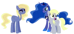 Size: 1112x509 | Tagged: safe, artist:sinamuna, derpibooru import, oc, oc:whirlygig nightlight, alicorn, earth pony, pegasus, pony, au:mewverse next gen -side 2nd-, base used, base:selenaede, blonde hair, blue hair, family, horn, image, long legs, next generation, parent:derpy hooves, parent:princess luna, png, simple background, sparkly mane, transparent background, wings