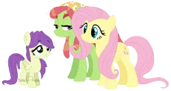 Size: 786x417 | Tagged: safe, artist:sinamuna, derpibooru import, fluttershy, tree hugger, oc, oc:aura breeze, pegasus, pony, au:mewverse next gen -side 2nd-, bandana, base used, base:selenaede, family, female, filly, foal, image, next generation, parent:fluttershy, parent:tree hugger, pink hair, png, purple hair, red hair, simple background, transparent background