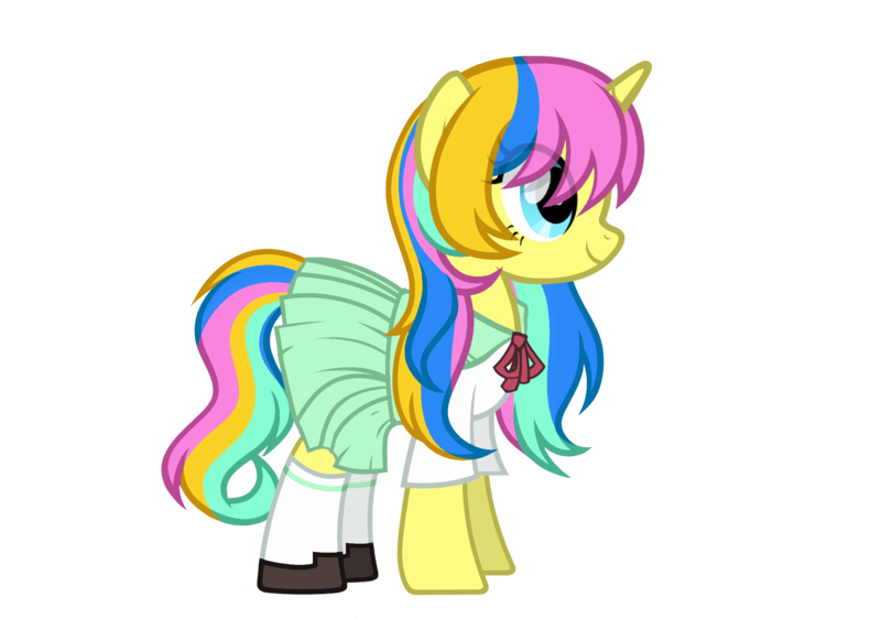 Size: 2000x1406 | Tagged: safe, artist:pinkiemina_憑酱, derpibooru import, oc, oc:lemon, unofficial characters only, unicorn, bowtie, chinese text, clothes, happy, image, moon runes, new hairstyle, png, shoes, simple background, socks, transparent background, uniform
