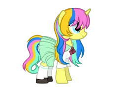 Size: 2000x1406 | Tagged: safe, artist:pinkiemina_憑酱, derpibooru import, oc, oc:lemon, unofficial characters only, unicorn, bowtie, chinese text, clothes, happy, image, moon runes, new hairstyle, png, shoes, simple background, socks, transparent background, uniform
