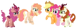 Size: 1380x509 | Tagged: safe, artist:sinamuna, derpibooru import, applejack, autumn blaze, pinkie pie, oc, oc:firefly spice, oc:jonagold pie, earth pony, kirin, pony, au:mewverse next gen -side 2nd-, base used, base:selenaede, blonde hair, cowboy hat, family, fluffy mane, hat, horn, image, parent:applejack, parent:autumn blaze, parent:pinkie pie, pink hair, png, polygamy, poofy mane, scales, simple background, striped mane, transparent background