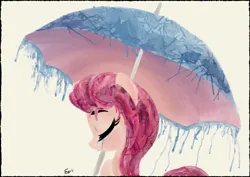 Size: 1063x752 | Tagged: safe, artist:paintedskies, derpibooru import, sunny starscout, g5, crying, image, jpeg, rain, simple background, teary eyes, traditional art, umbrella, watercolor painting