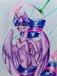 Size: 3001x3978 | Tagged: safe, artist:aakariu, derpibooru import, screencap, twilight sparkle, alicorn, pony, angry, attack, flying, image, jpeg, magic, simple background, sky, traditional art, wings