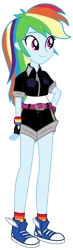 Size: 1024x3516 | Tagged: safe, color edit, derpibooru import, edit, rainbow dash, equestria girls, belt, blue skin, clothes, colored, converse, female, g4, image, older, older rainbow dash, png, shoes, shorts, simple background, smiling, solo, thighs, tomboy, transparent background, university