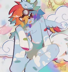 Size: 1148x1220 | Tagged: safe, artist:sufness, derpibooru import, rainbow dash, pegasus, semi-anthro, alternate design, bandage, bandaid, bandaid on nose, chest fluff, cloud, female, g4, goggles, goggles on head, image, jpeg, sitting, solo, twitterina design