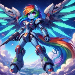 Size: 1024x1024 | Tagged: safe, ai content, derpibooru import, machine learning generated, prompter:faerindahol, anthro, cyborg, pegasus, robot, abstract background, artificial wings, augmented, badass, badass adorable, cloud, cute, female, flying, generator:bing image creator, generator:dall-e 3, gun, handgun, image, jpeg, mechanical wing, night, night sky, sky, spread wings, weapon, wings