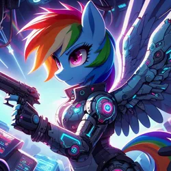 Size: 1024x1024 | Tagged: safe, ai content, derpibooru import, machine learning generated, prompter:faerindahol, anthro, cyborg, pegasus, robot, abstract background, artificial wings, augmented, cute, female, generator:bing image creator, generator:dall-e 3, gun, handgun, image, jpeg, mechanical wing, science fiction, weapon, wings