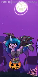 Size: 2000x4000 | Tagged: safe, artist:jubyskylines, derpibooru import, izzy moonbow, pony, unicorn, g5, candy, clothes, costume, eye clipping through hair, female, food, image, jpeg, mare, nightmare night, nightmare night costume, solo