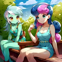 Size: 3000x3000 | Tagged: safe, ai content, anonymous prompter, derpibooru import, machine learning generated, stable diffusion, bon bon, lyra heartstrings, sweetie drops, equestria girls, beautiful, big head, breasts, cleavage, clothes, dress, g4, generator:pony diffusion v6 xl, image, jpeg, looking at you, looking back, looking back at you, minidress, sexy, sitting, thighs