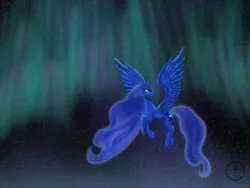 Size: 1000x750 | Tagged: safe, artist:adalbertus, derpibooru import, princess luna, alicorn, pony, aurora borealis, female, flying, image, jpeg, mare, simple background, solo, stars