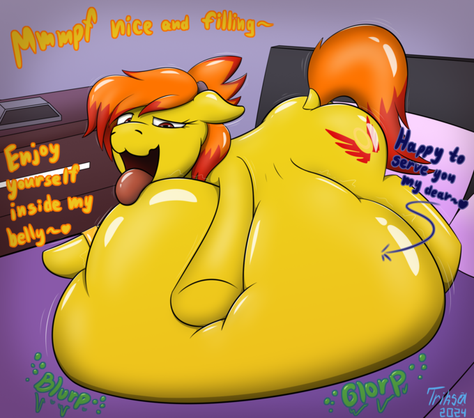 Size: 2008x1772 | Tagged: suggestive, artist:triksa, derpibooru import, oc, oc:blackhole, oc:blaze inferno, unofficial characters only, pony, bed, bedroom, belly, belly bed, big belly, dialogue, huge belly, image, impossibly large belly, png, squishy, stomach noise, tongue out, vore