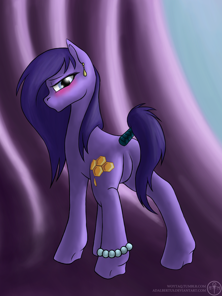 Size: 900x1200 | Tagged: safe, alternate version, artist:adalbertus, derpibooru import, oc, oc:elderberry, earth pony, pony, featureless crotch, female, image, jewelry, looking at you, looking back, looking back at you, mare, necklace, pearl necklace, png, prostitute, solo, tail, tail wrap