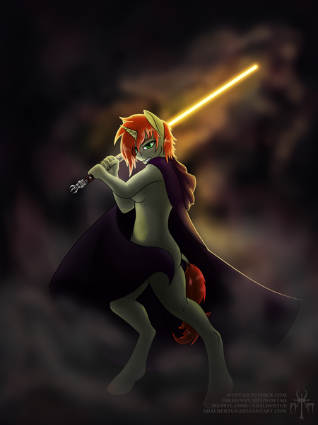 Size: 1200x1600 | Tagged: safe, artist:adalbertus, derpibooru import, oc, oc:amber drop, unofficial characters only, anthro, unguligrade anthro, unicorn, cloak, clothes, female, image, lightsaber, nudity, png, sith, solo, star wars, strategically covered, weapon