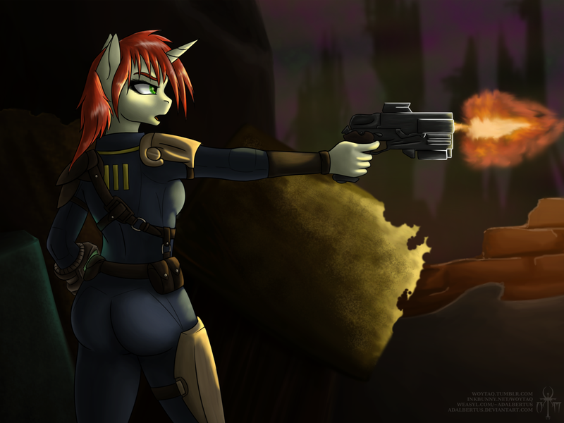 Size: 1600x1200 | Tagged: safe, artist:adalbertus, derpibooru import, oc, oc:amber drop, unofficial characters only, anthro, unicorn, butt, clothes, fallout, fallout 4, female, gun, handgun, image, jumpsuit, pistol, png, shooting, solo, vault suit, weapon