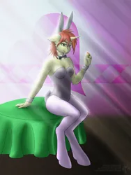 Size: 1200x1600 | Tagged: safe, artist:adalbertus, derpibooru import, oc, oc:amber drop, unofficial characters only, anthro, unguligrade anthro, unicorn, bunny suit, clothes, easter, easter egg, female, holiday, image, looking at you, png, sitting, smiling, solo