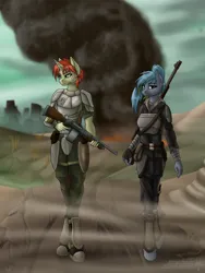 Size: 1200x1600 | Tagged: safe, artist:adalbertus, derpibooru import, oc, oc:amber drop, oc:rain dancer, unofficial characters only, anthro, unguligrade anthro, unicorn, fallout equestria, armor, body armor, duo, female, gun, image, png, scar, smoke, tommy gun, weapon