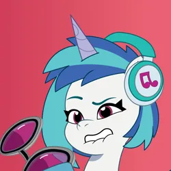 Size: 900x900 | Tagged: safe, artist:prixy05, derpibooru import, vinyl scratch, pony, unicorn, g5, my little pony: tell your tale, bust, g4, g4 to g5, generation leap, glasses off, headphones, image, lip bite, png, portrait, red background, simple background, solo, sunglasses