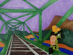Size: 3740x2818 | Tagged: safe, artist:dhm, derpibooru import, oc, oc:anonfilly, pony, backpack, beanie, bridge, buttons, cigarette, evening, female, filly, hat, image, jpeg, marker drawing, mountain, pen drawing, railroad, river, sad, scenery, shore, sitting, smoking, solo, traditional art, water
