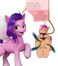 Size: 828x927 | Tagged: safe, artist:meanieloverfeet, derpibooru import, pipp petals, sunny starscout, earth pony, pegasus, pony, g5, dialogue, feet, female, image, laughing, livestream, png, simple background, solo, solo female, text, tickling, transparent background