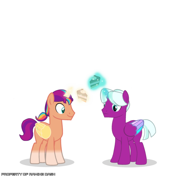 Size: 3600x3600 | Tagged: safe, artist:ramixe dash, derpibooru import, sunny starscout, alicorn, pony, series:make your tale, g5, cake, food, g4, g5 to g4, generation leap, glow, glowing horn, horn, image, male, opaline arcana, png, rule 63, simple background, stallion, sun starchaser, transparent background, zane arcana