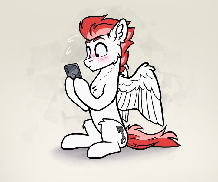Size: 2363x1968 | Tagged: artist needed, source needed, safe, oc, oc:swift apex, unofficial characters only, pegasus, pony, blushing, chest fluff, cream background, ear fluff, emanata, eyebrows, fluffy, hoof hold, image, jpeg, male, mobile phone, phone, sitting, smartphone, spread wings, stallion, wings