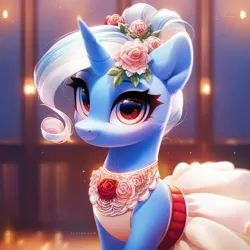 Size: 1024x1024 | Tagged: safe, ai content, derpibooru import, machine learning generated, prompter:maresforever, stable diffusion, trixie, pony, unicorn, clothes, dress, flower, flower in hair, g4, generator:purplesmart.ai, image, looking at you, png, smiling, solo