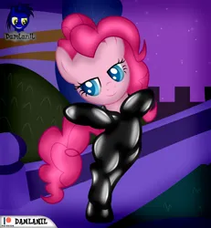 Size: 3840x4154 | Tagged: safe, artist:damlanil, derpibooru import, pinkie pie, earth pony, pony, bipedal, bodysuit, bush, catsuit, clothes, female, horn, image, latex, latex suit, mare, png, pose, raised hoof, rubber, shiny, show accurate, solo, spy, spy suit, standing, standing on one leg, suit, vector