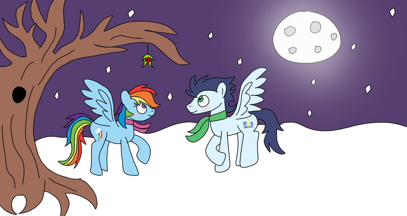 Size: 1353x720 | Tagged: safe, artist:aynstainxpenelope, artist:dasher666, derpibooru import, edit, rainbow dash, soarin', pegasus, pony, clothes, female, image, male, mare, mistletoe, png, scarf, shipping, snow, soarindash, stallion, straight, winter