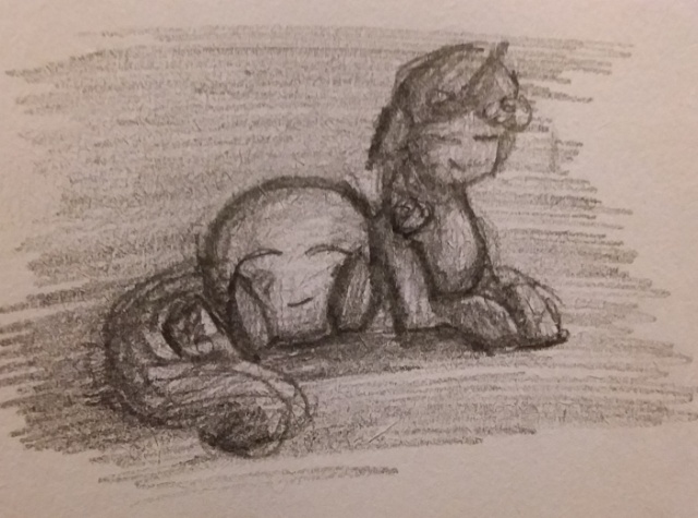 Size: 640x475 | Tagged: safe, artist:necrohorse, derpibooru import, sweetie belle, fanfic:a sweetie dream land, eyes closed, image, jpeg, kirby, kirby (series), pencil drawing, traditional art